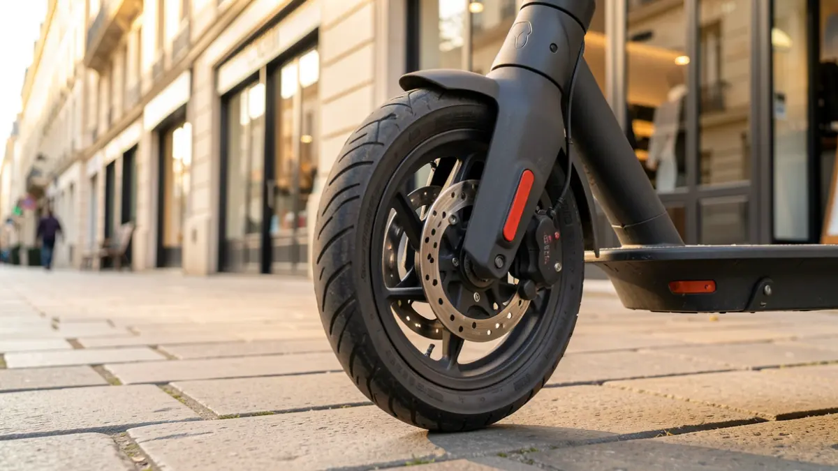 Image générique d'une roue de trottinette électrique garée devant un commerce.