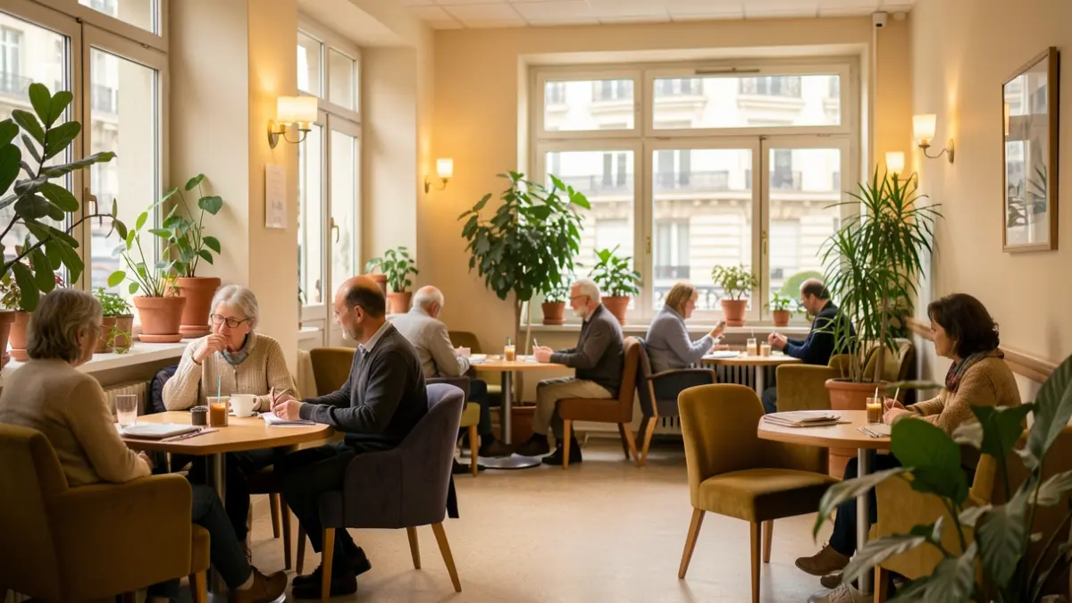 Image générique d'un café associatif chaleureux dans un hôpital parisien.