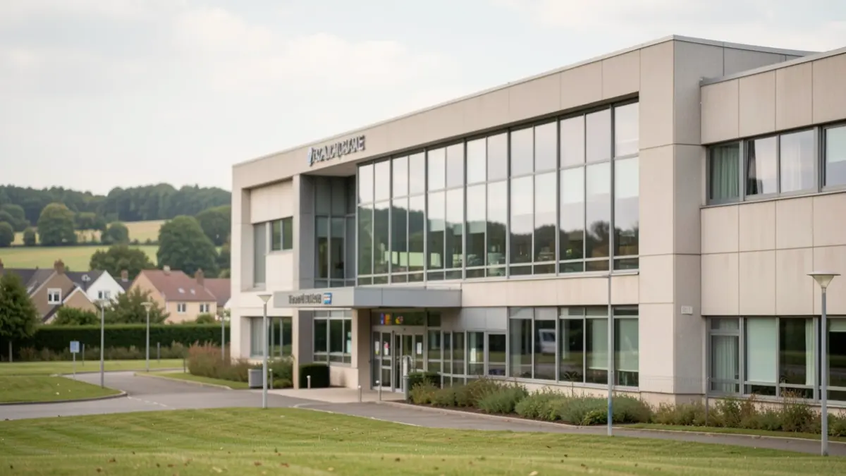 Image générique d'un bâtiment hospitalier moderne avec des fenêtres et une signalétique claire, dans un paysage de banlieue.
