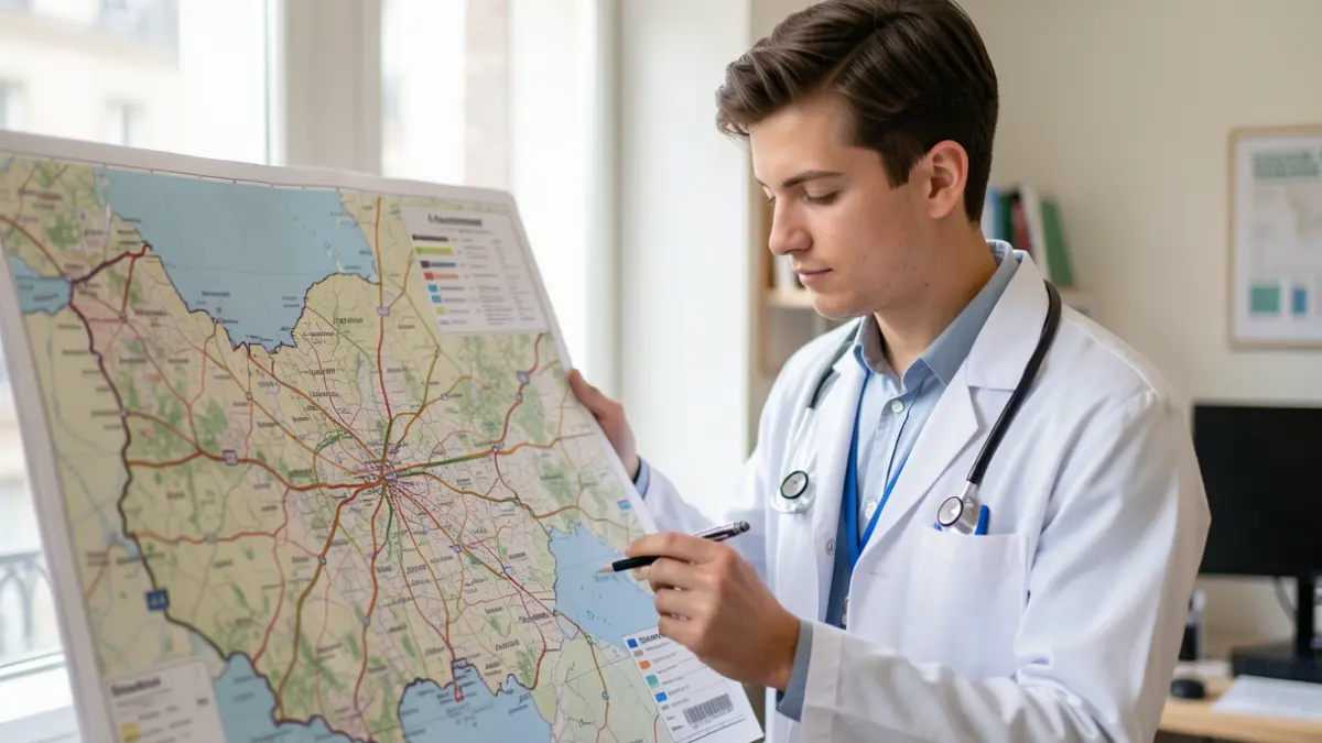 Generic image of a junior doctor examining a map of the Île-de-France region, symbolizing the search for a professional practice location.