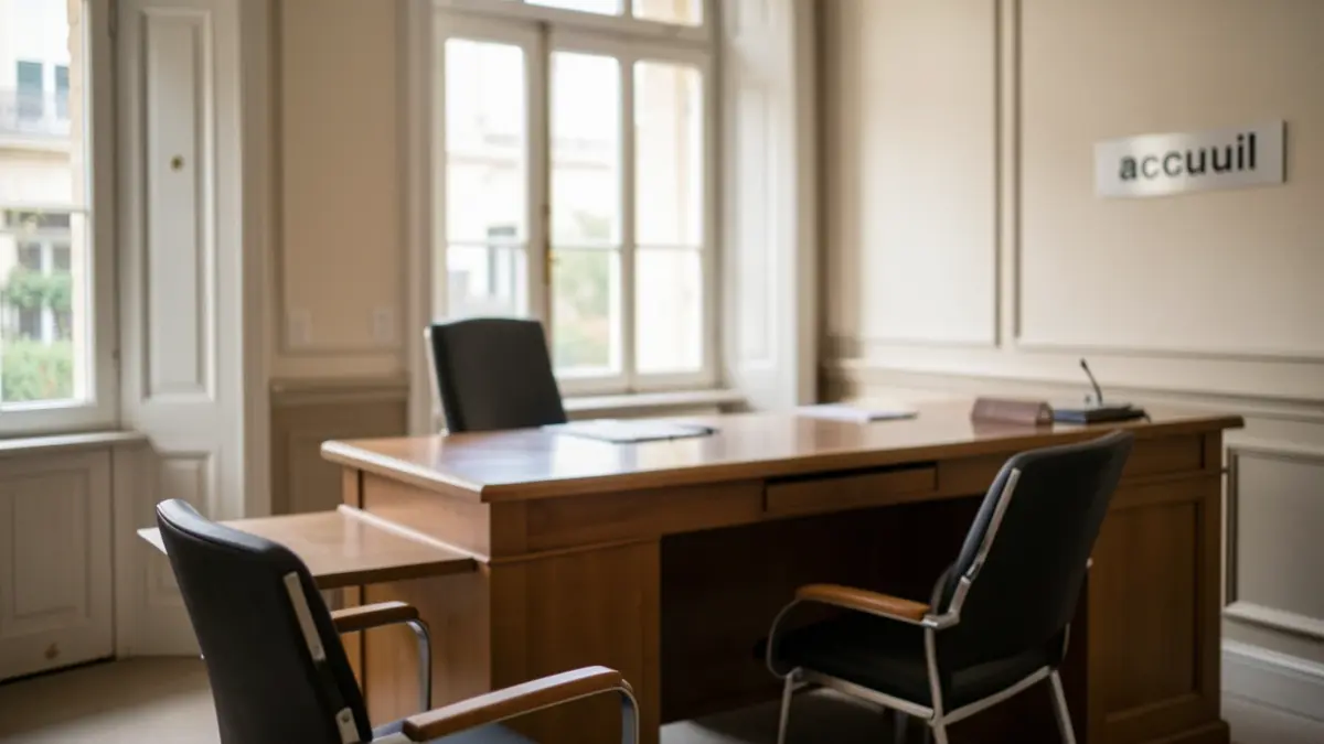 Generic image of a town hall reception area, with a desk and chairs in soft light. The architecture is typical of Île-de-France.