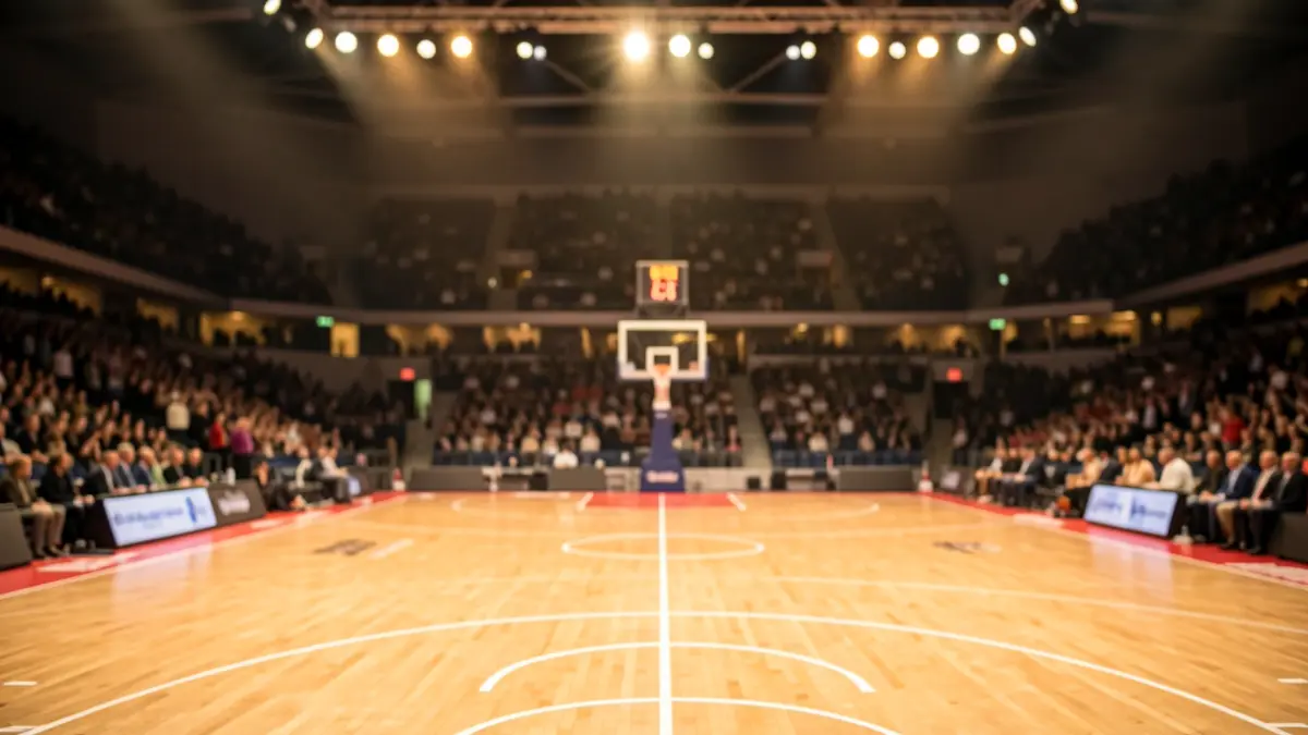 Generic image of empty basketball arena stands with warm spotlights illuminating the court, blurred background.