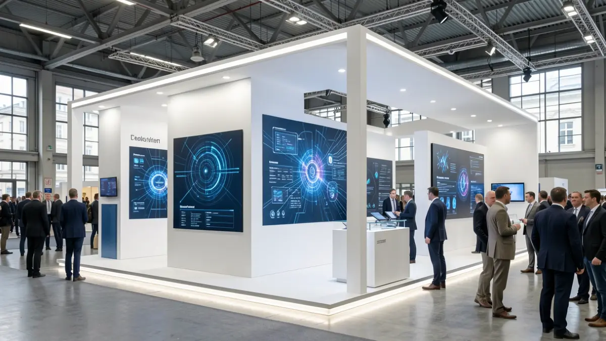 Generic image of a modern exhibition stand with digital screens displaying abstract technological graphics.