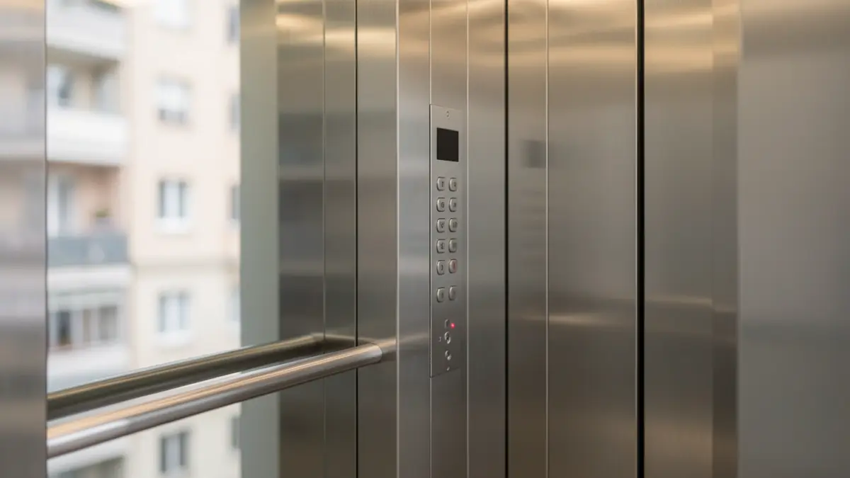 Generic image of a modern elevator interior with polished metal walls and soft interior lighting.