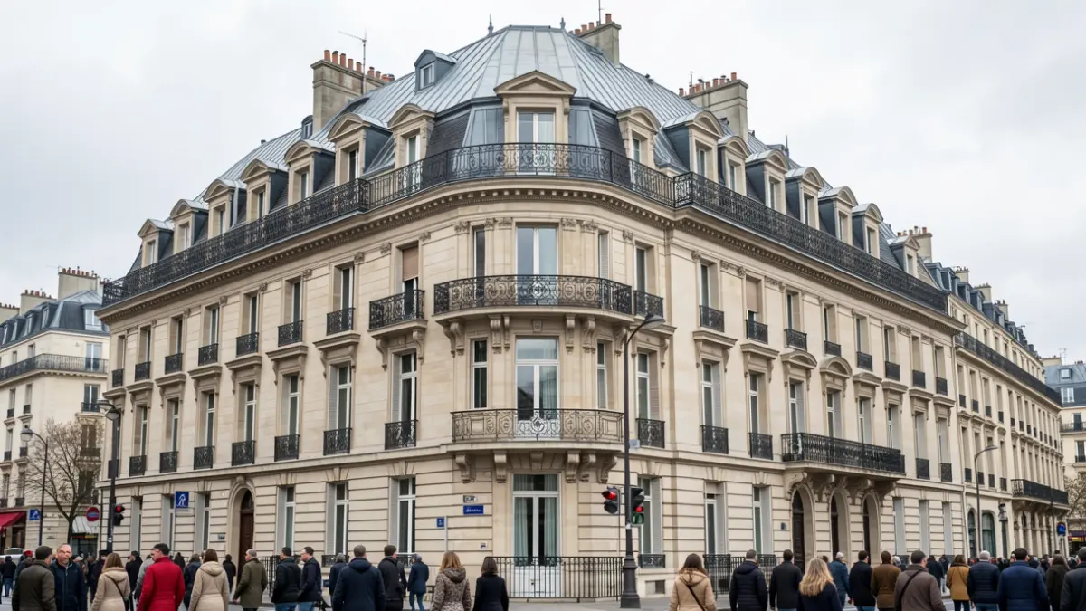 Generic image of a Haussmannian building facade typical of Paris, under an overcast sky.