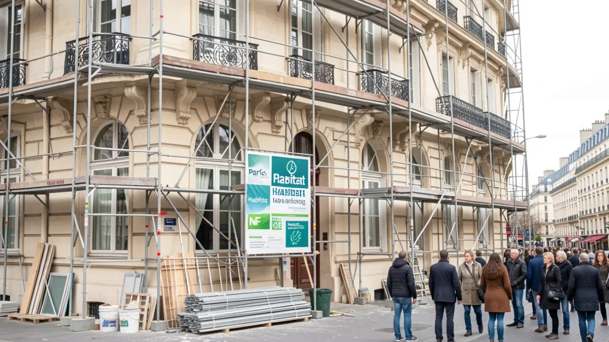 Facade of a Parisian building undergoing renovation with scaffolding and construction materials, bearing Paris Habitat and NF Habitat HQE logos.