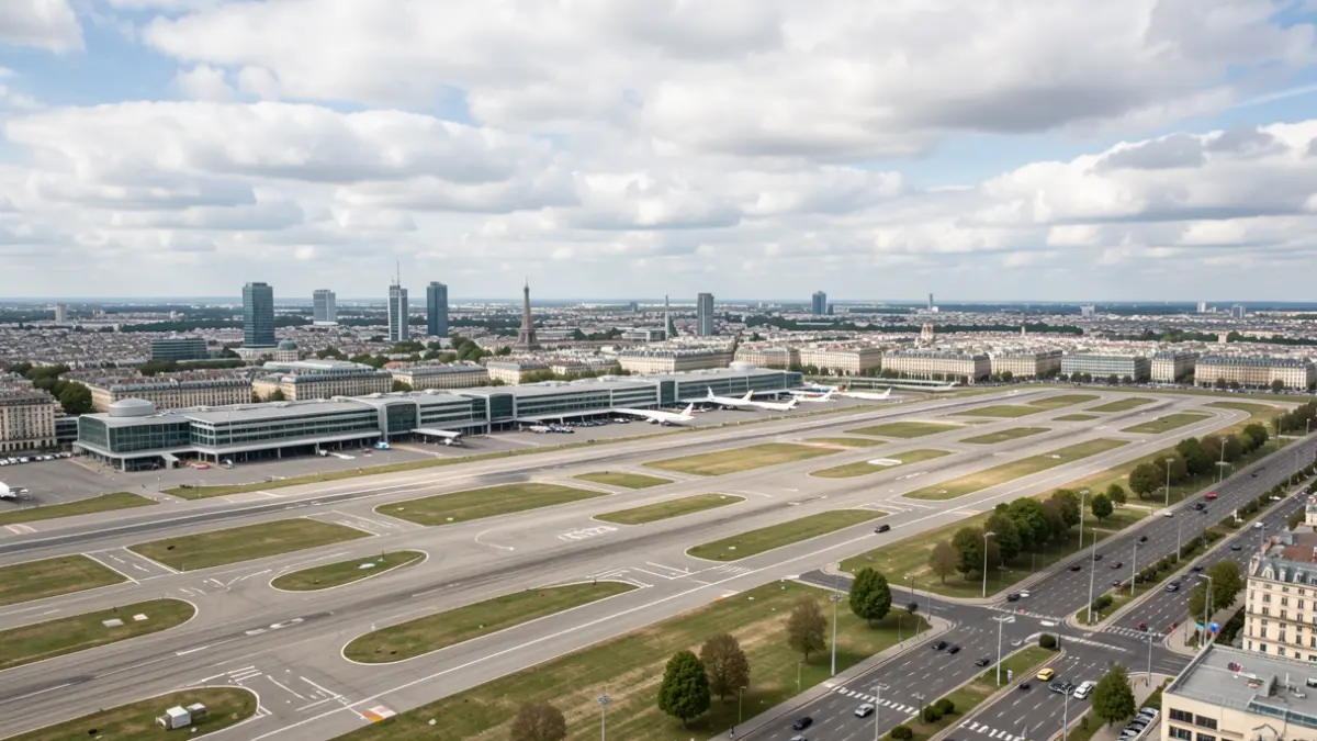 Image générique d'un aéroport de la région parisienne avec des pistes et des bâtiments sous un ciel couvert.