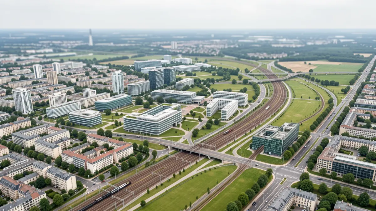 Aerial view of the Paris-Saclay territory, showing urban planning and transport infrastructure.