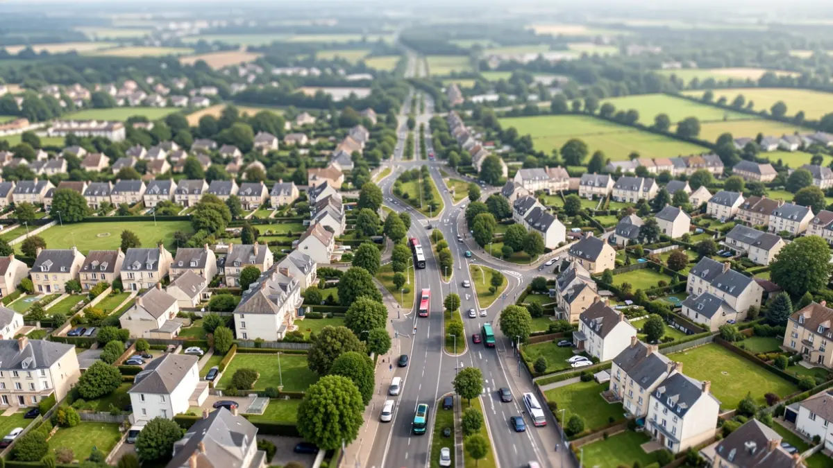 Aerial view of a suburban road network in Île-de-France, showing a mix of residential areas, green spaces, and main thoroughfares, with cars and public transport visible, soft daylight.