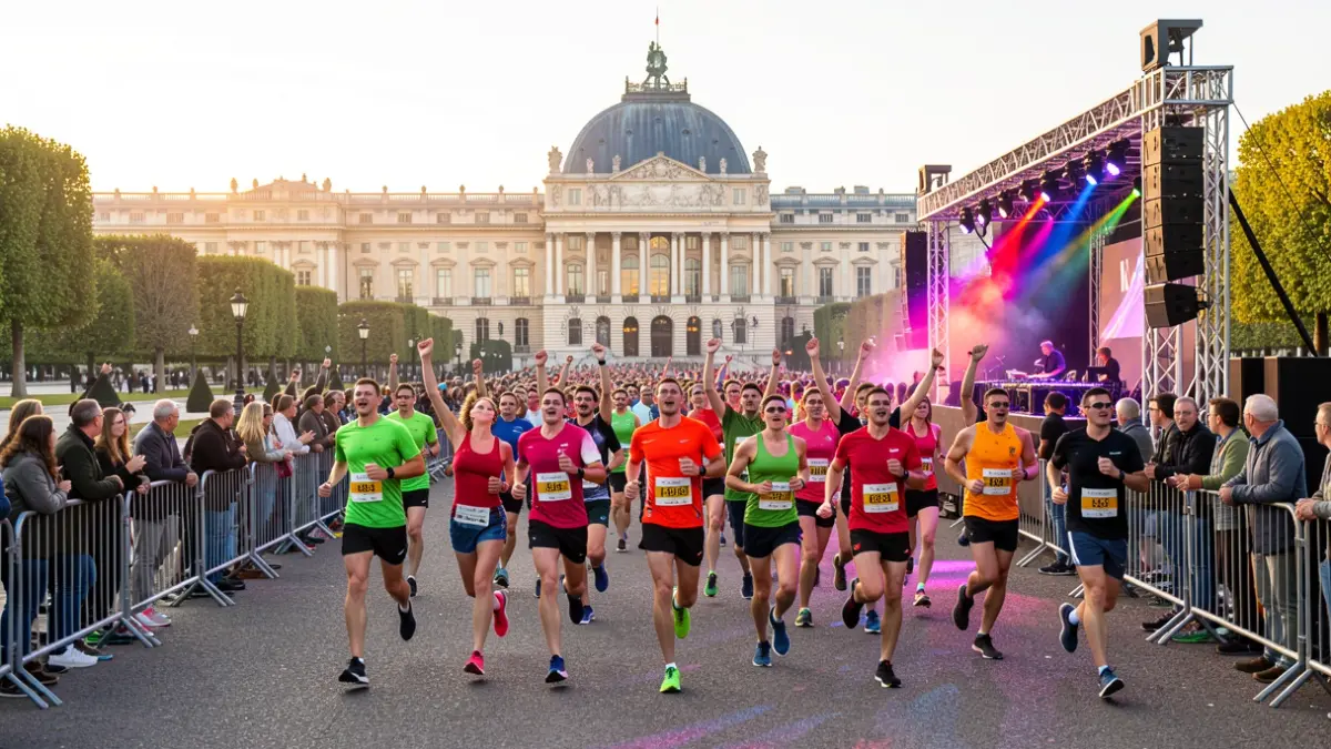 Image générique de la course Paris-Versailles avec le Château de Versailles en arrière-plan et une scène de DJ.