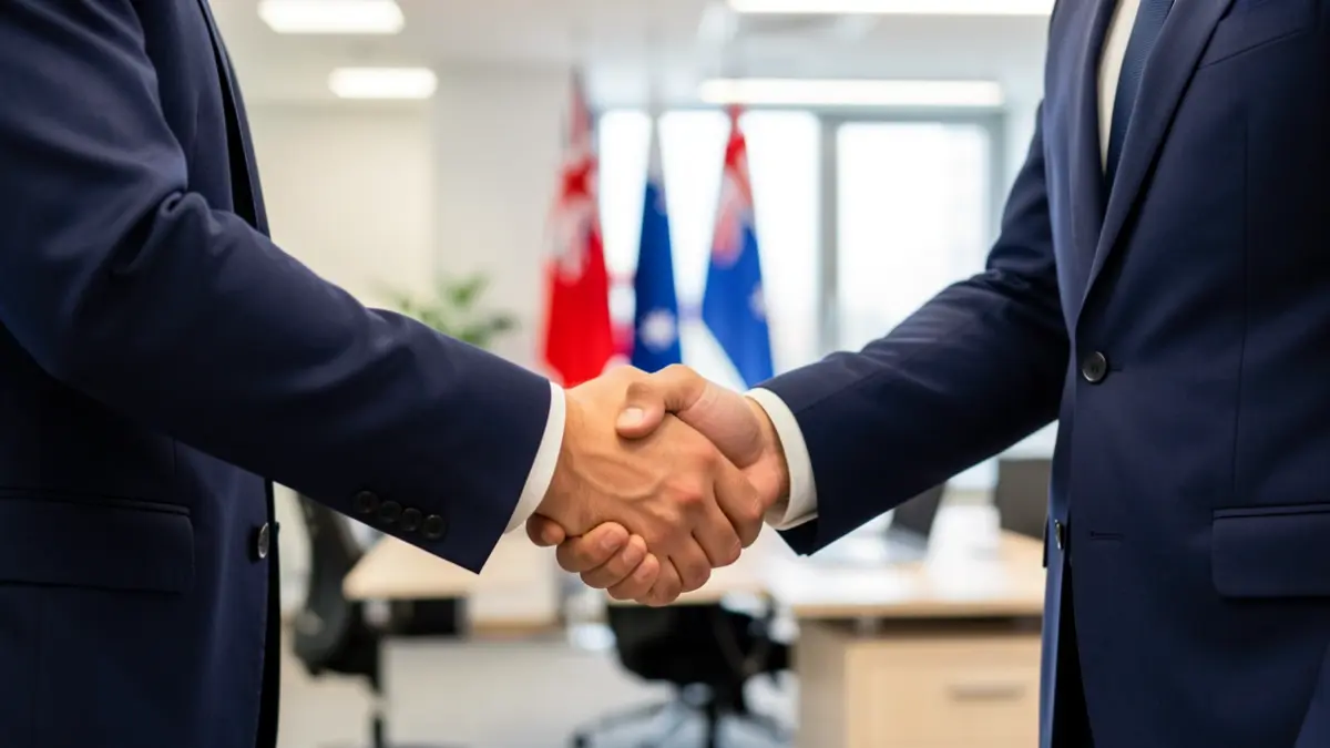Image générique d'une poignée de main entre deux personnes en tenue d'affaires, symbolisant un partenariat. L'arrière-plan est un intérieur de bureau moderne flouté avec des indices subtils de drapeaux ou de motifs français et australiens. Éclairage doux et professionnel.