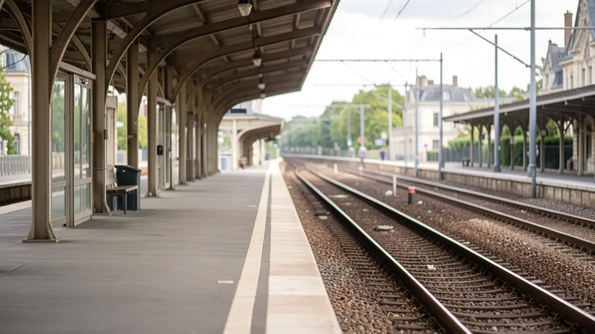 Generic image of an empty train platform with tracks curving into the distance under a canopy, soft daylight, no train or text visible.
