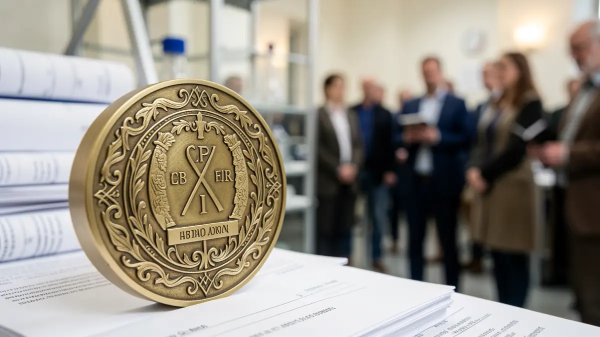 Image générique d'une médaille scientifique posée sur des documents de recherche.