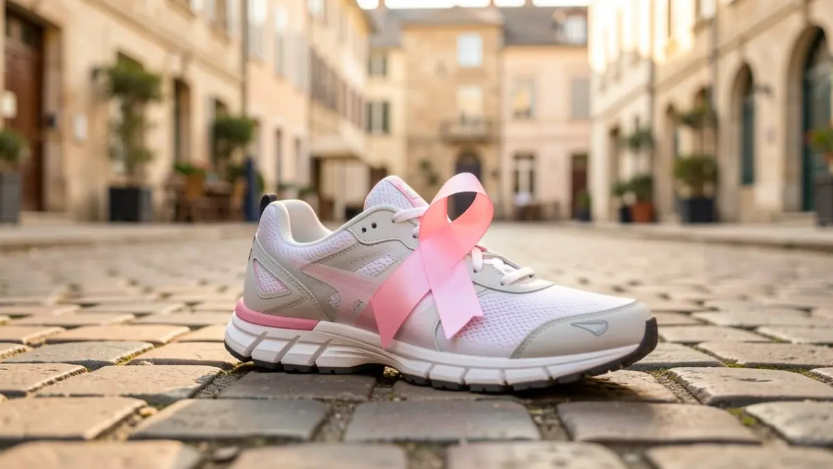 Image générique d'une chaussure de course avec un ruban rose, sur un chemin pavé.