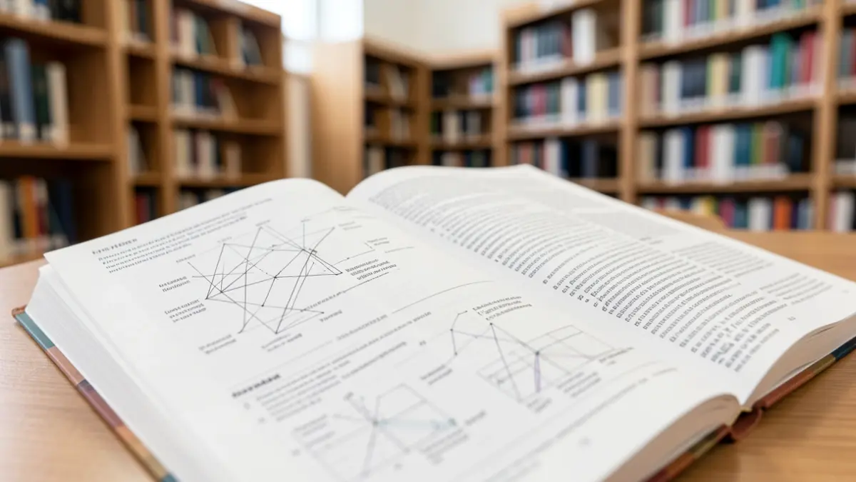 Gros plan sur un journal scientifique ouvert affichant des schémas complexes et du texte, sur fond flou d'une bibliothèque universitaire moderne avec des étagères. Lumière douce et académique.