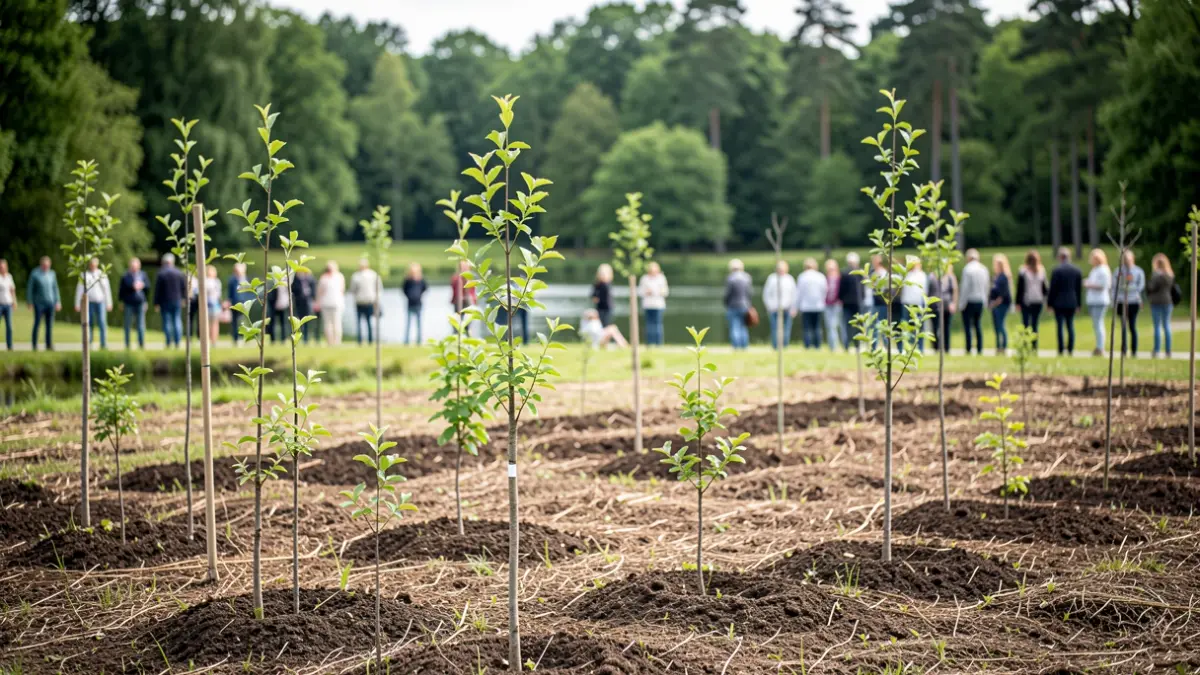 Generic image of young trees being planted in a regional natural park in Île-de-France, with a forest background and a pond.