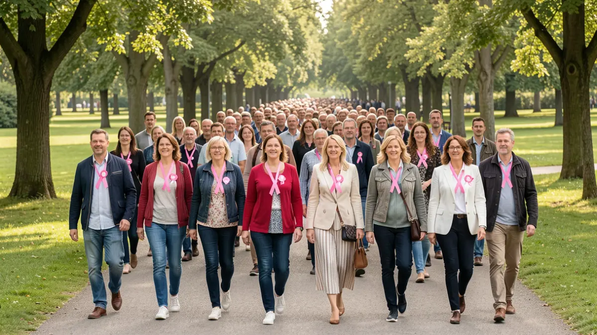 Generic image of a group of people walking together on a path, some wearing pink ribbons, in a park setting.