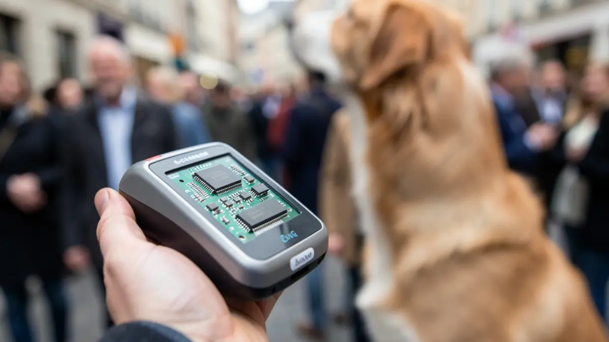 Generic image of an electronic chip reader held by a hand, with a blurred dog's neck in the background.