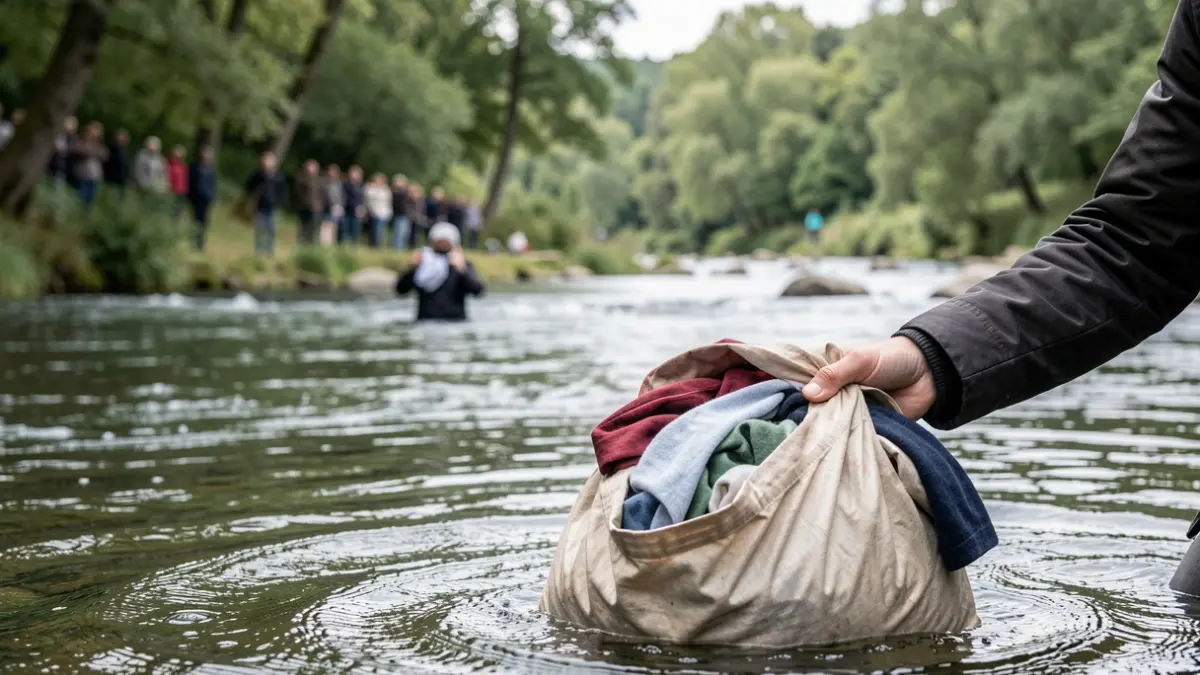 Generic image of a hand throwing a bag into a river, with a witness observing from a distance.