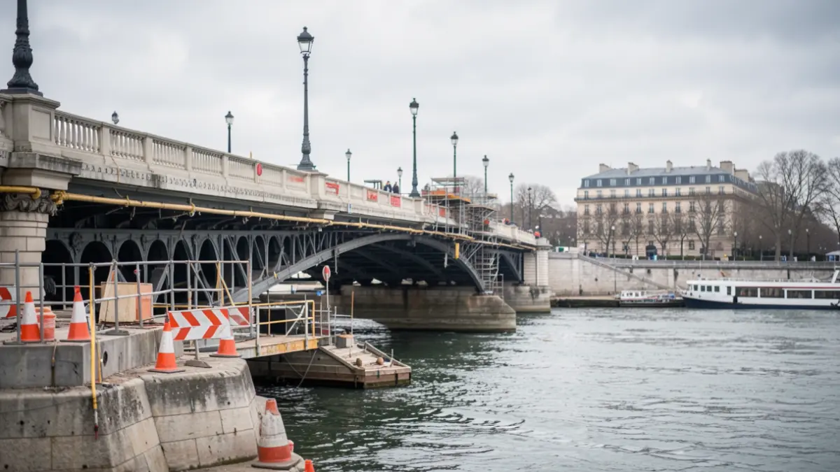 Construction work on the Pont de Neuilly bridge with barriers and traffic cones.