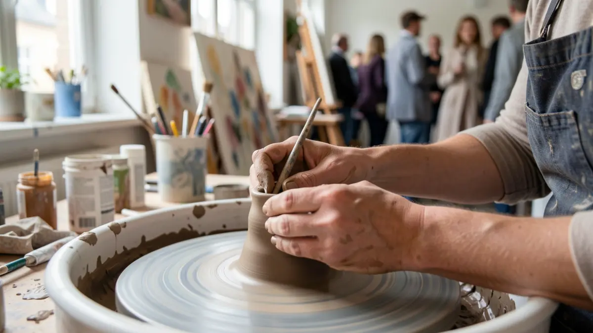 Close-up of an artist's hands working with clay on a pottery wheel, with blurred art supplies and canvases in the background. Soft, natural light.