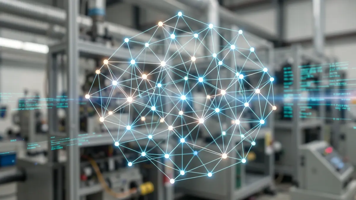 Generic image of a complex AI neural network diagram with glowing nodes and connections, on a blurred background of industrial machinery and data streams.