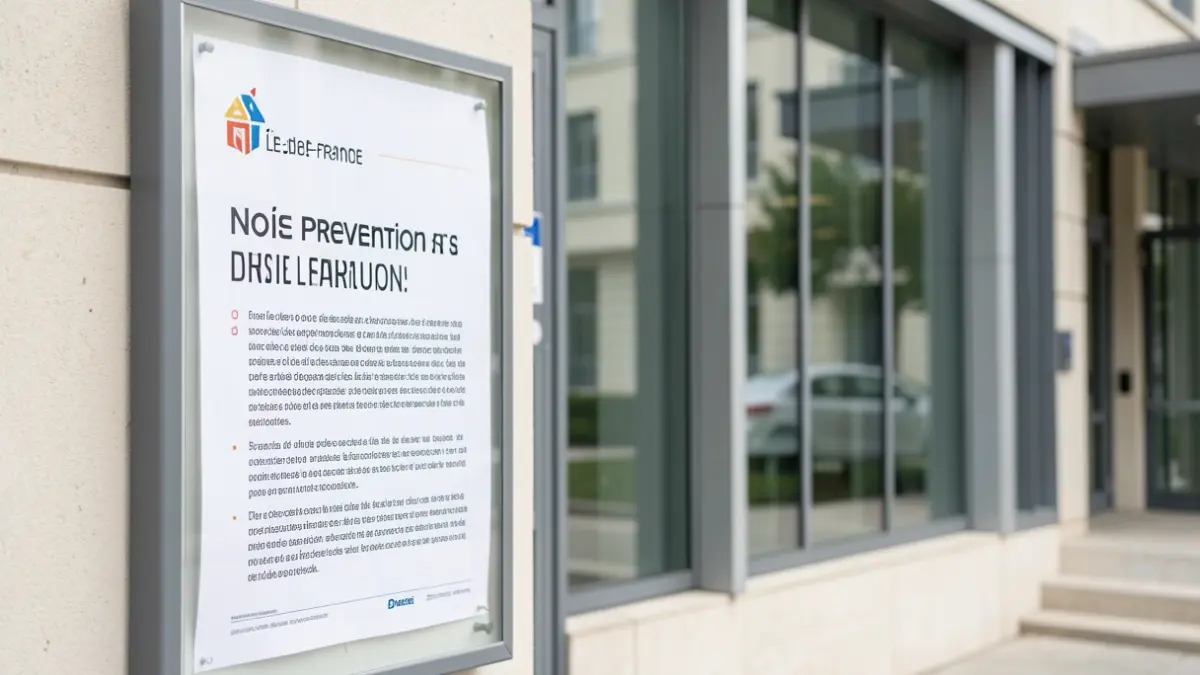 Consultation poster about noise prevention displayed outside a Grand Paris Seine & Oise administrative building.