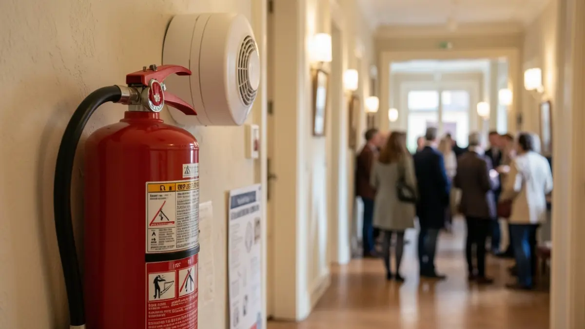 Image générique d'un extincteur et d'un détecteur de fumée dans un couloir d'immeuble résidentiel, éclairage d'ambiance doux, mise au point sur le matériel de sécurité.