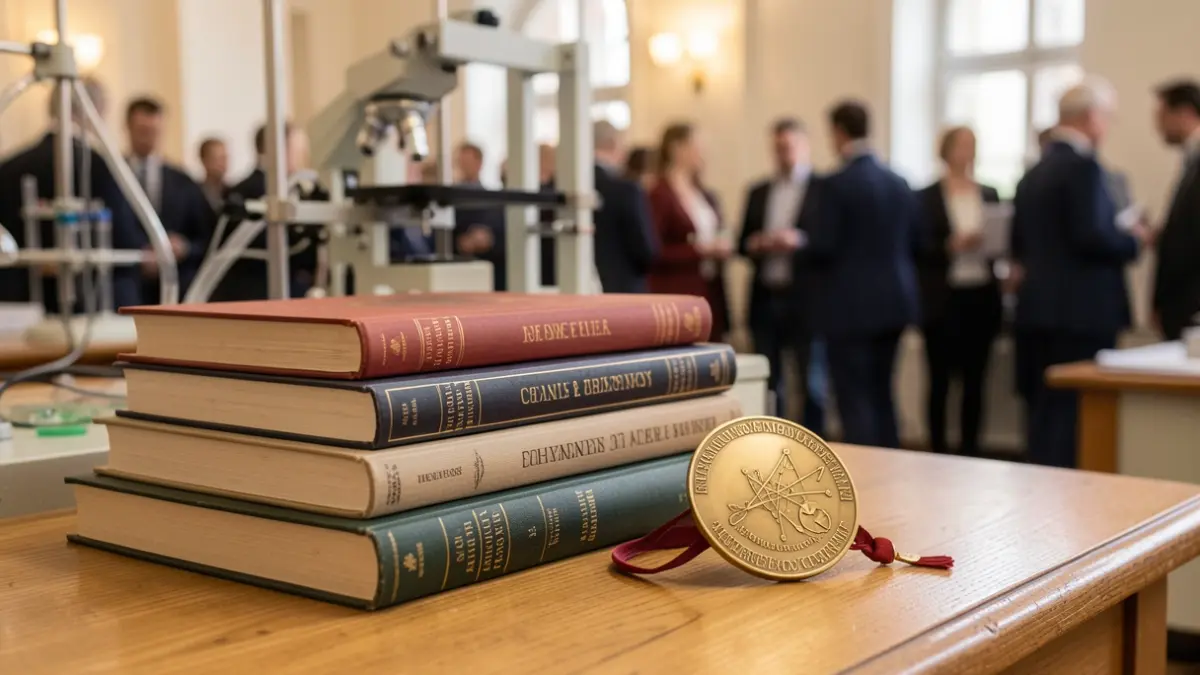Generic image of a scientific award medal on a desk with books.