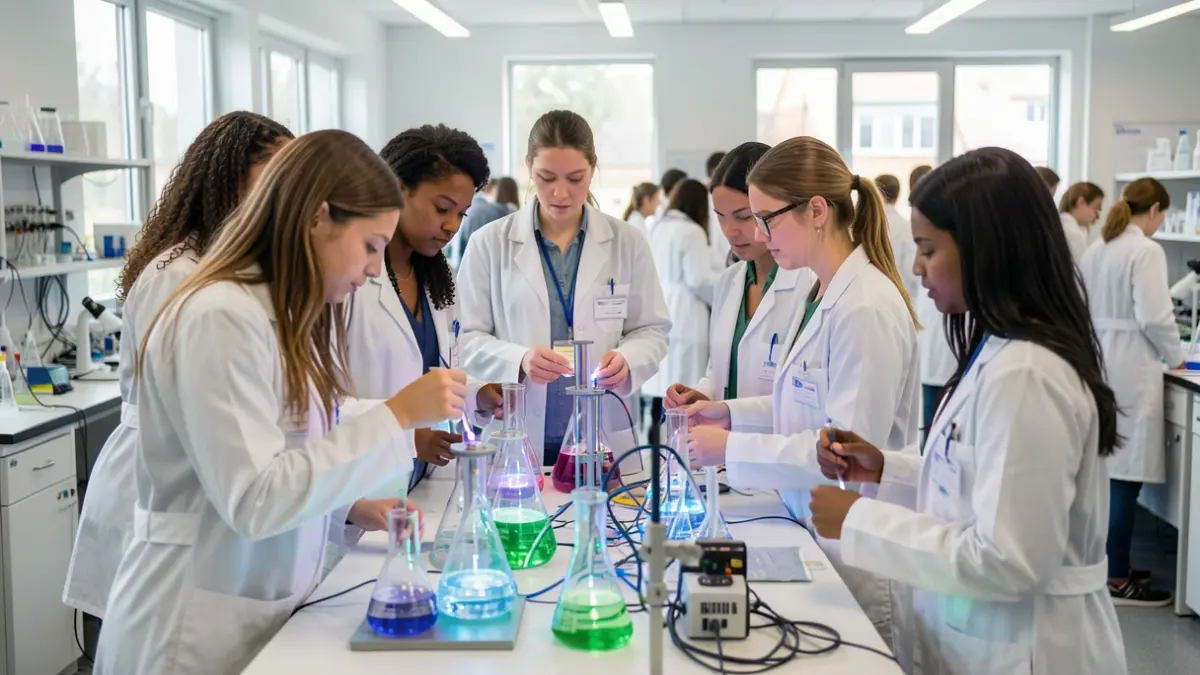 Generic image of young women scientists in a modern laboratory, examining scientific equipment.