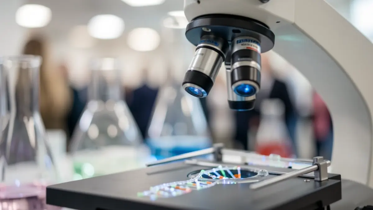 Gros plan d'un microscope observant une molécule d'ADN, avec un arrière-plan flou d'équipement de laboratoire.