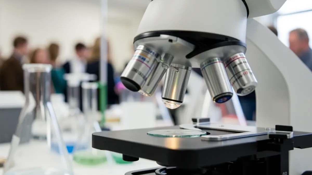 Close-up of a microscope lens focusing on a sample, with blurred scientific equipment and laboratory glassware in the background. Soft, diffused laboratory lighting. Shallow depth of field.