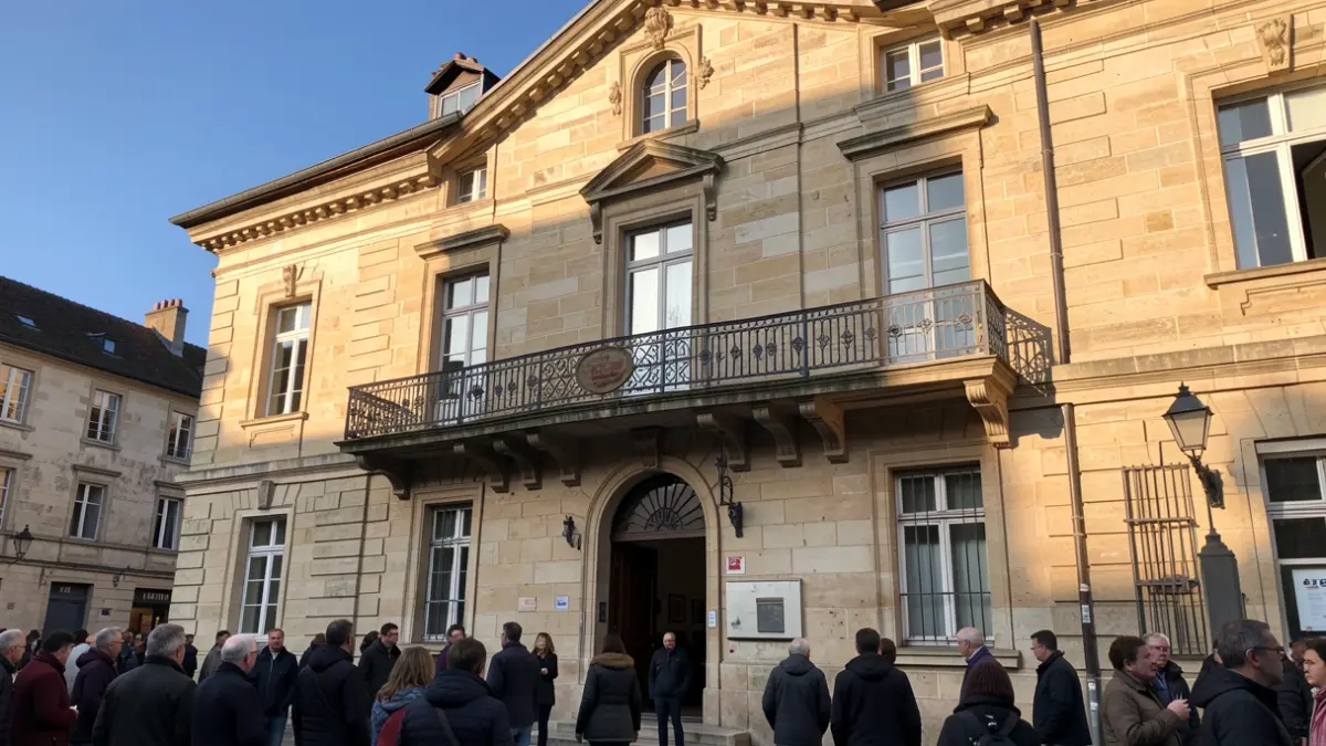 Facade of the Provins town hall, a historic stone building with a balcony and wrought iron railing, under the late afternoon sun.