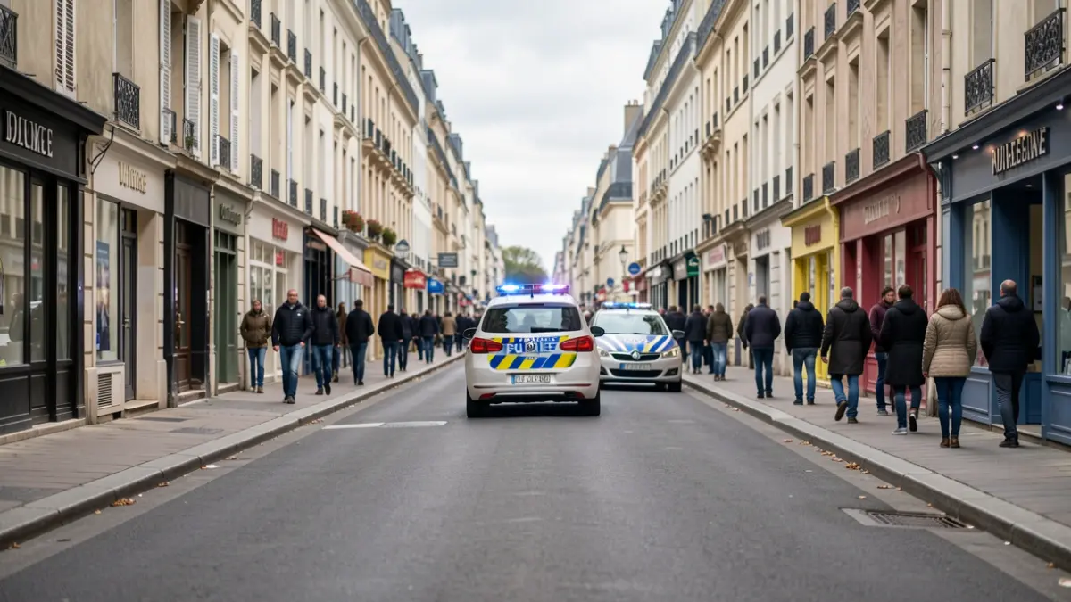 Image générique de la ville de Puteaux, avec une voiture de police garée au loin et des bâtiments résidentiels. Le ciel est légèrement couvert, typique de la région Île-de-France.
