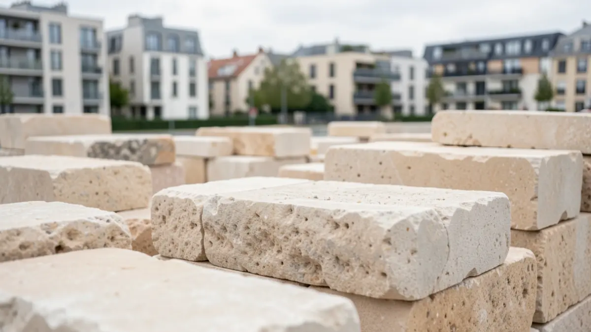 Gros plan sur des blocs de calcaire empilés soigneusement issus d'un chantier de déconstruction, avec en arrière-plan flouté un quartier urbain moderne en Île-de-France.