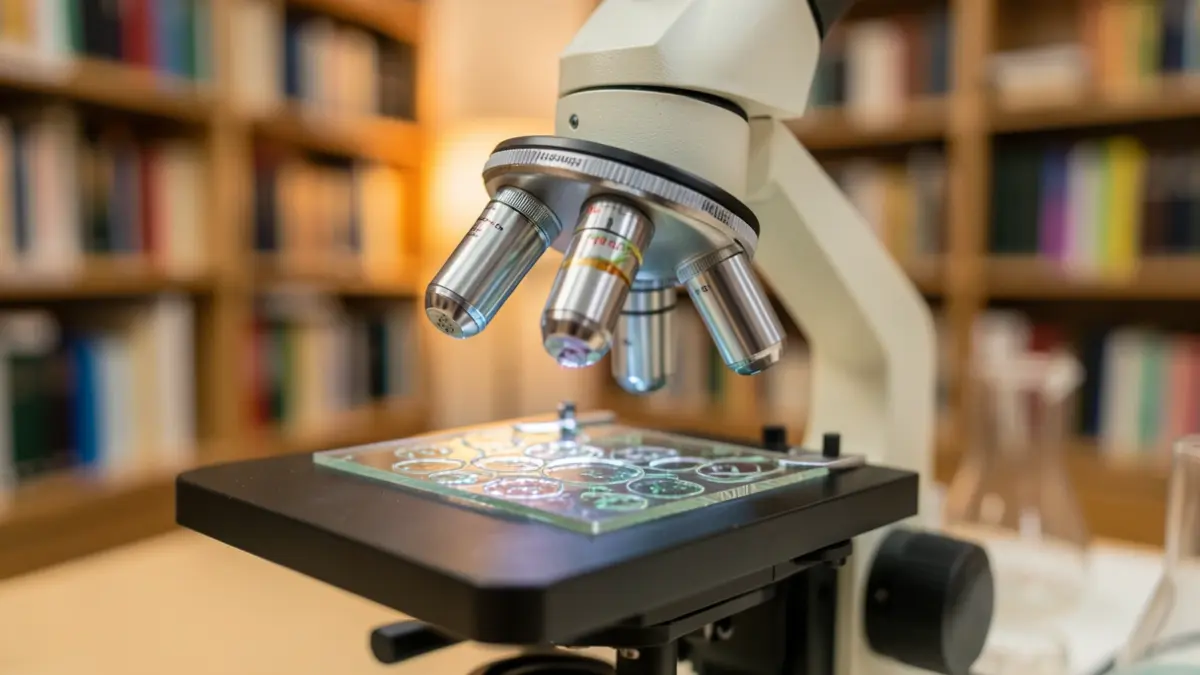 Close-up of a microscope with a slide, showing cellular structures. In the background, blurred bookshelves and a warm, soft light suggesting a research laboratory. Focus on scientific discovery and research.