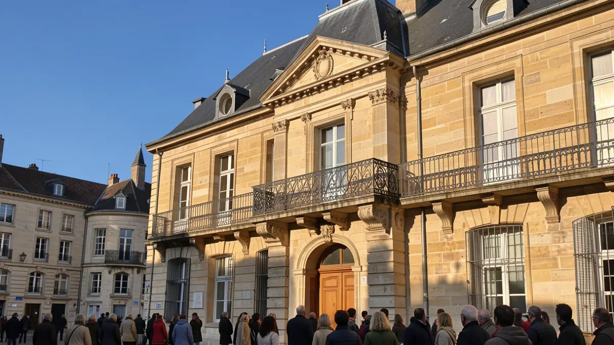 Façade de l'hôtel de ville de Verneuil-sur-Seine avec balcon et ciel bleu.