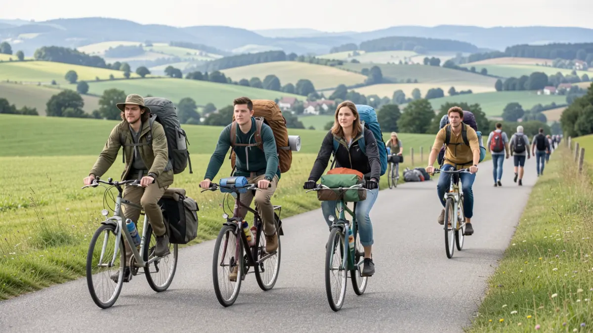 Image générique de quatre cyclistes explorant l'Europe avec du matériel de camping.