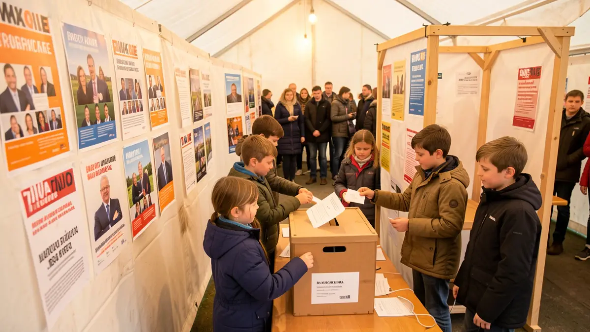 Image générique de jeunes électeurs dans un bureau de vote improvisé.