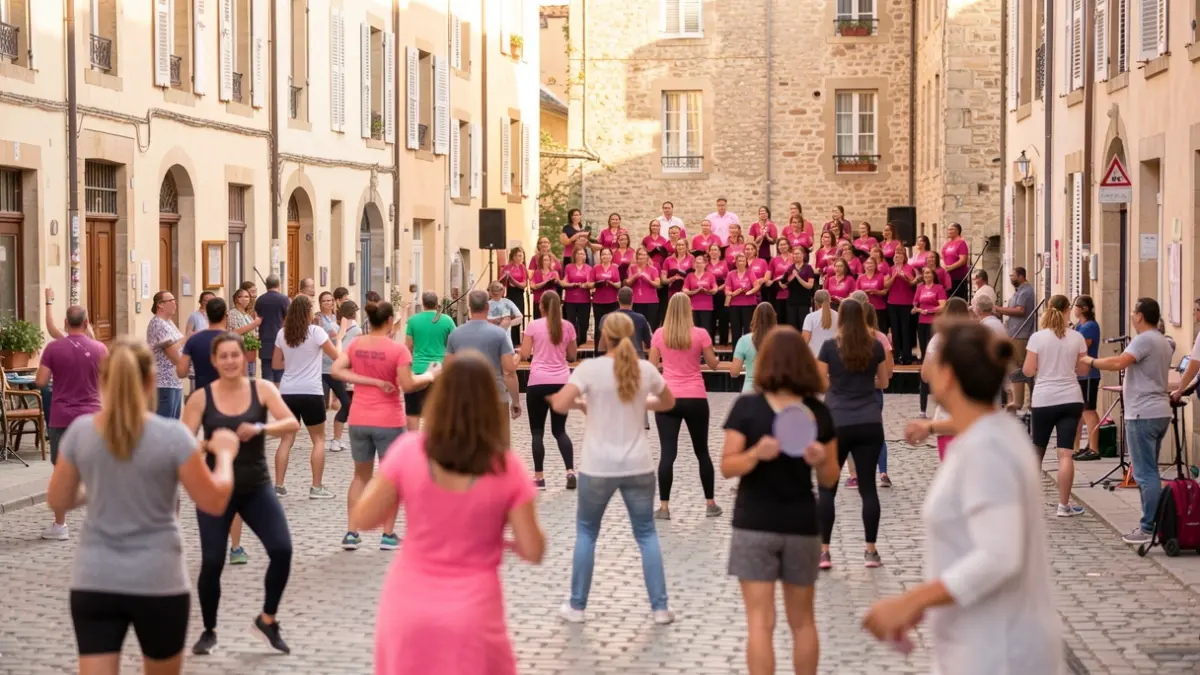 Generic image of solidarity for Pink October in a French village, featuring participants in sports activities and a concert.