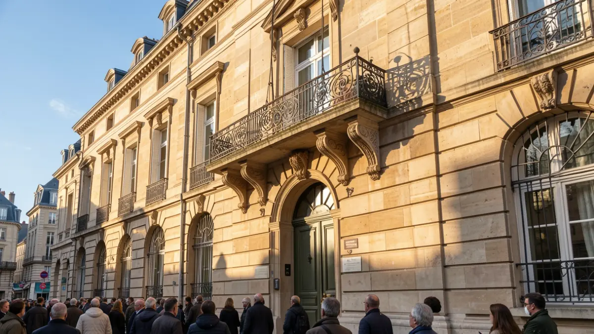 Generic image of a stone town hall facade with an ornate balcony and iron railings, under an afternoon sun.