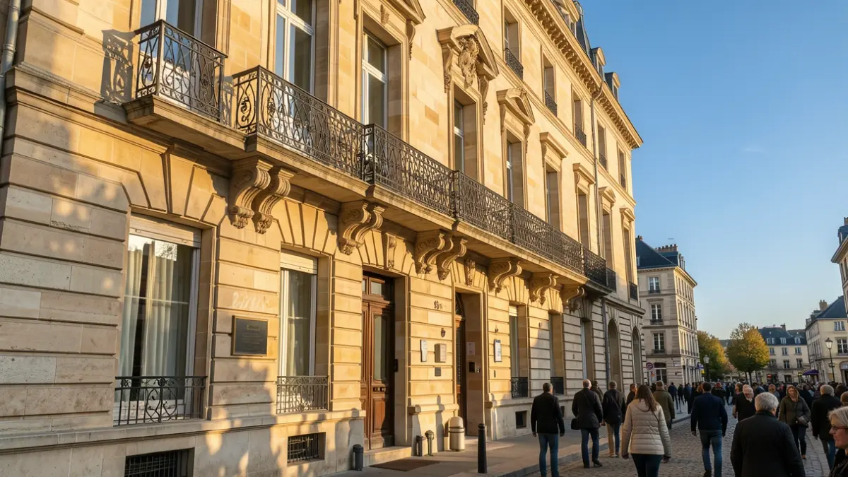 Image générique de la façade d'un hôtel de ville en pierre avec balcon et balustrade en fer forgé, sous un soleil d'après-midi.