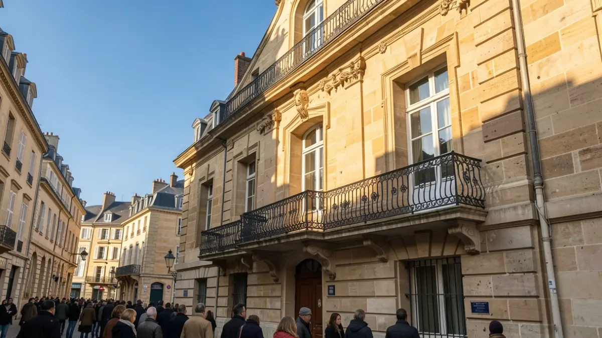 Image générique de la façade d'un hôtel de ville en pierre avec un balcon orné et des balustrades en fer, sous un soleil d'après-midi.