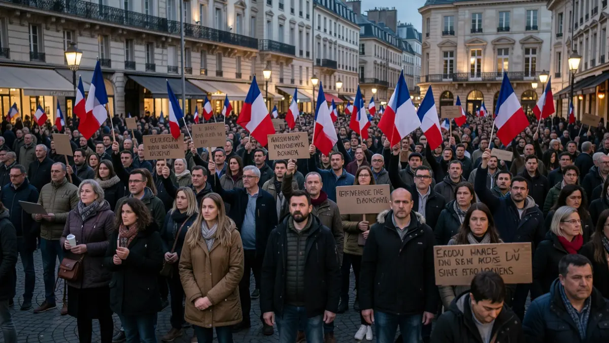Image générique d'une foule diverse rassemblée dans une place publique au crépuscule, tenant des drapeaux français et des pancartes faites à la main. L'ambiance est solennelle mais déterminée.