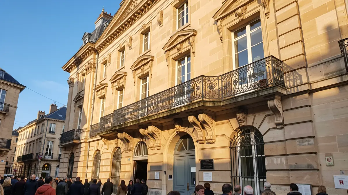 Generic image of a stone town hall facade with an ornate balcony and iron railings, in the afternoon sun.