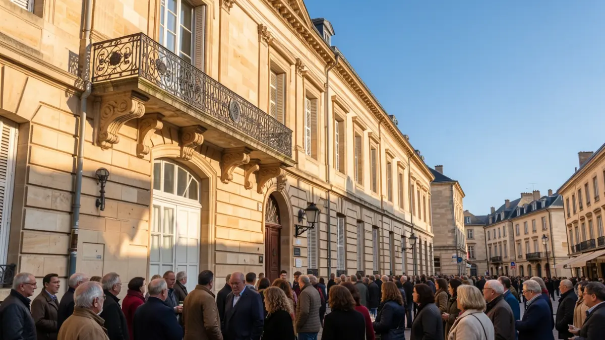 Image générique de la façade d'une mairie en pierre avec un balcon orné et des barreaux en fer, sous un soleil d'après-midi.