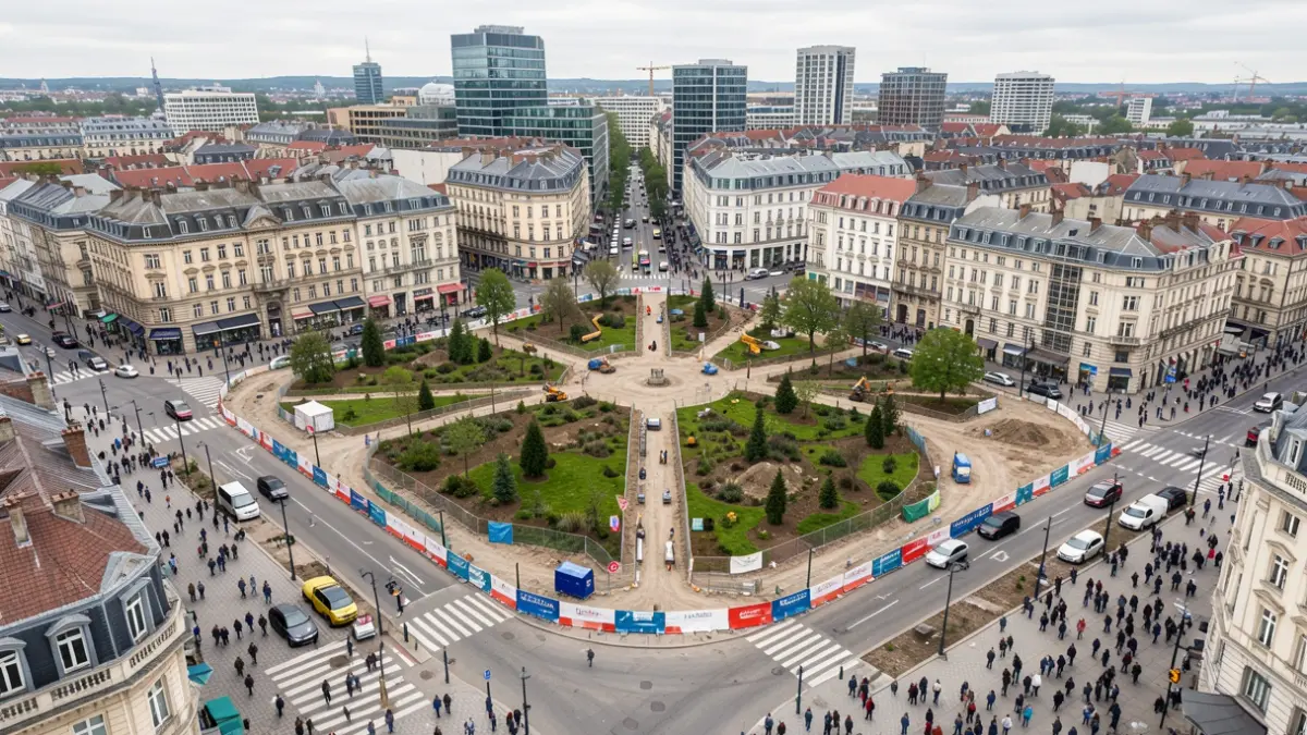 Generic image of urban redevelopment works at an intersection, showing construction barriers and green spaces being created.