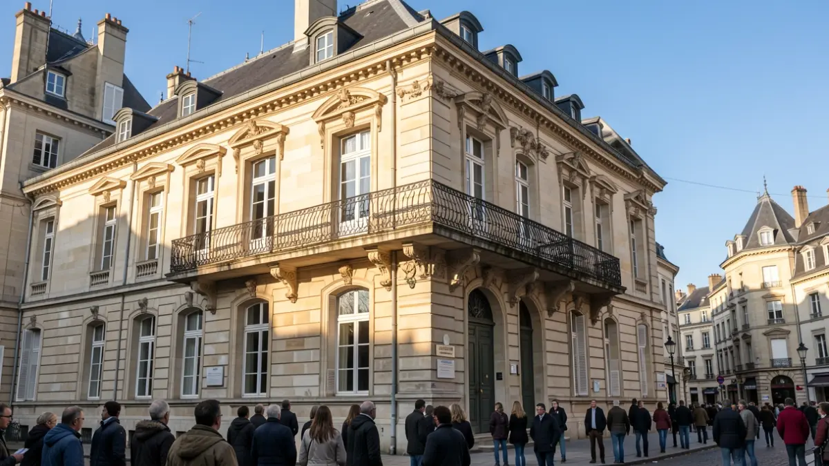 Image générique d'une façade de mairie en pierre de style haussmannien, avec un balcon orné et des barreaux en fer forgé, sous un ciel bleu clair et un soleil d'après-midi.