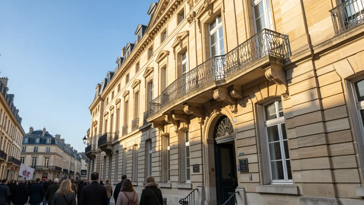 Image générique de la façade d'une mairie en pierre de style haussmannien, avec balcon et rambardes en fer forgé, sous un soleil d'après-midi.