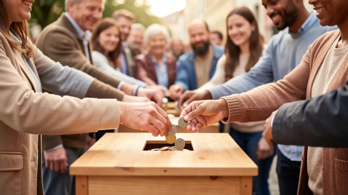 Generic image of diverse hands placing coins into a donation box, symbolizing solidarity and hope.